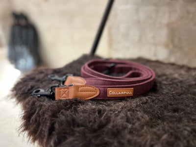 Adjustable dog lead - Burgundy Herringbone Tweed